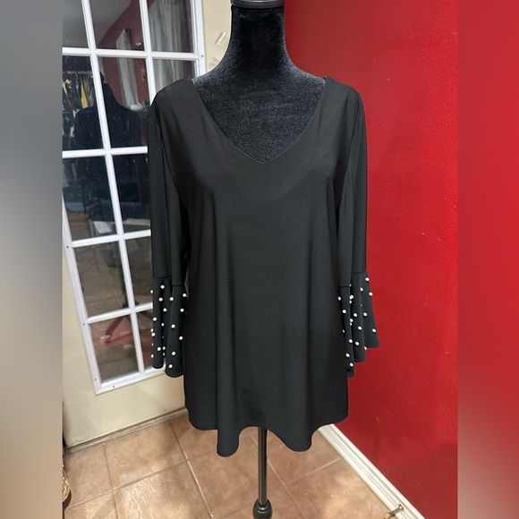 Elegant Black Pearl Bell Sleeve Tunic Blouse Keyhole Back Roz & Ali Large - Picture 2 of 8